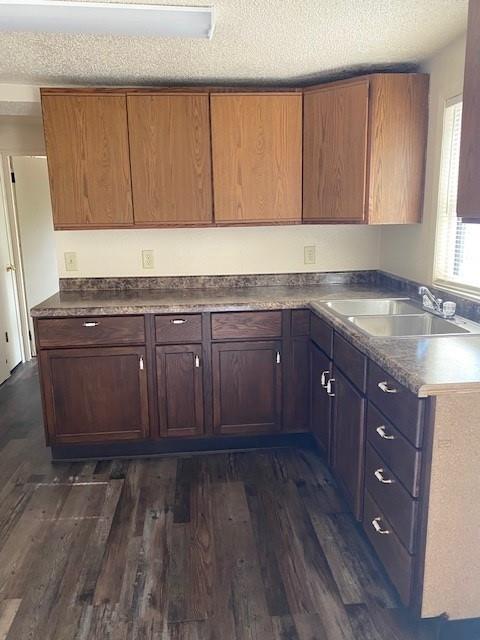 kitchen with dark hardwood / wood-style floors, sink, and a textured ceiling