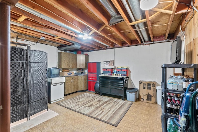 basement featuring light parquet flooring