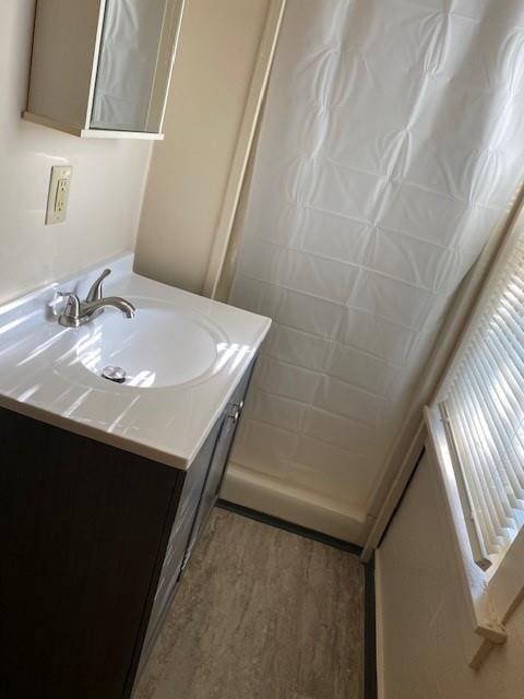 bathroom with vanity and hardwood / wood-style floors