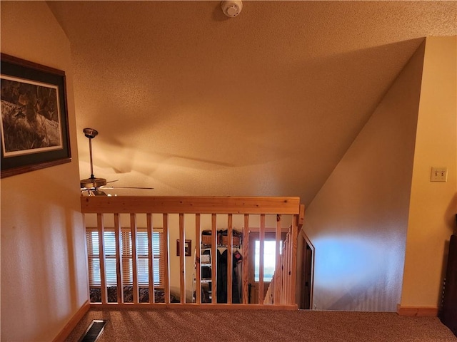 staircase featuring ceiling fan and carpet