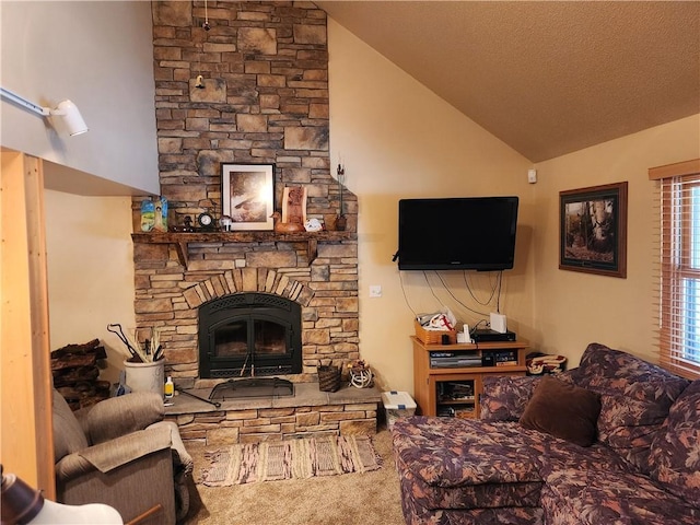 carpeted living room featuring lofted ceiling, a stone fireplace, and a textured ceiling