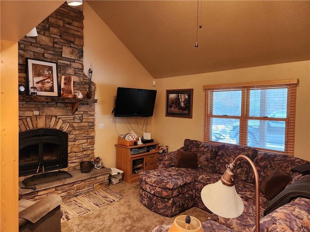 living room featuring lofted ceiling, a stone fireplace, and carpet floors