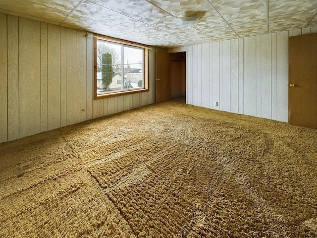 empty room featuring carpet floors and wood walls