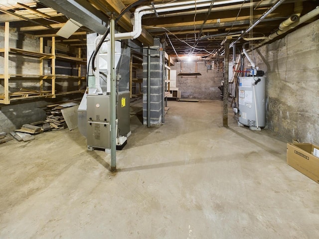 basement with heating unit and gas water heater