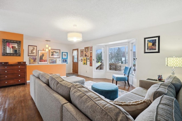 living room with dark hardwood / wood-style floors and a textured ceiling