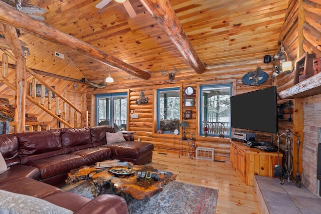 living room featuring high vaulted ceiling, wooden ceiling, beam ceiling, and light hardwood / wood-style floors