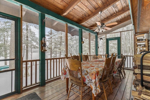 sunroom / solarium with lofted ceiling with beams, ceiling fan, and wood ceiling