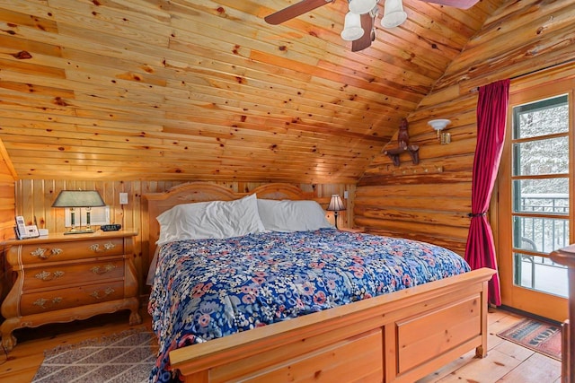 bedroom with lofted ceiling, rustic walls, ceiling fan, wooden ceiling, and light wood-type flooring