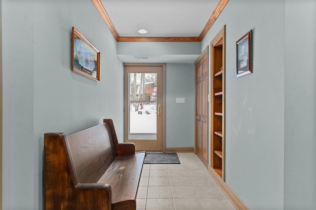 doorway featuring light tile patterned floors and ornamental molding