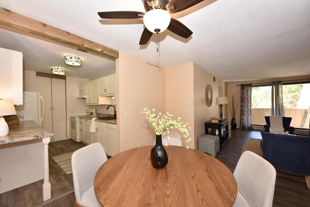 dining area with ceiling fan, dark hardwood / wood-style floors, sink, and a baseboard radiator