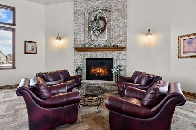 living room with a fireplace