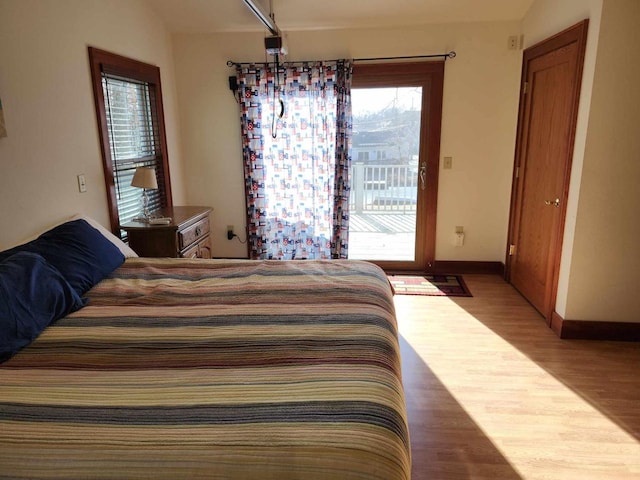 bedroom with multiple windows, access to exterior, and wood-type flooring