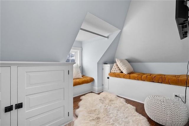 bedroom with lofted ceiling and hardwood / wood-style floors