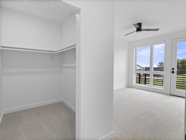 spacious closet featuring light carpet and ceiling fan