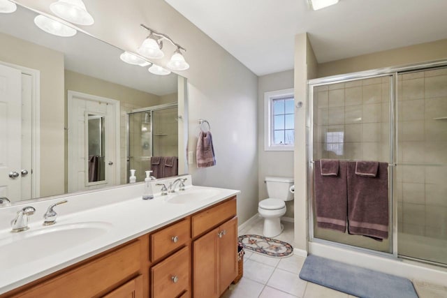 bathroom with tile patterned floors, toilet, an enclosed shower, and vanity