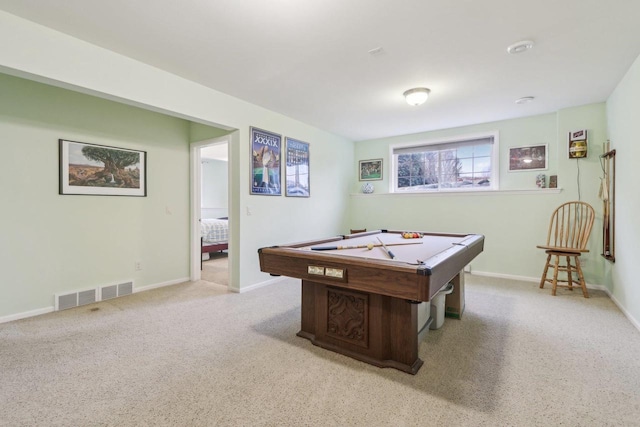 recreation room featuring pool table and light colored carpet