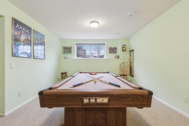 rec room with light colored carpet and billiards