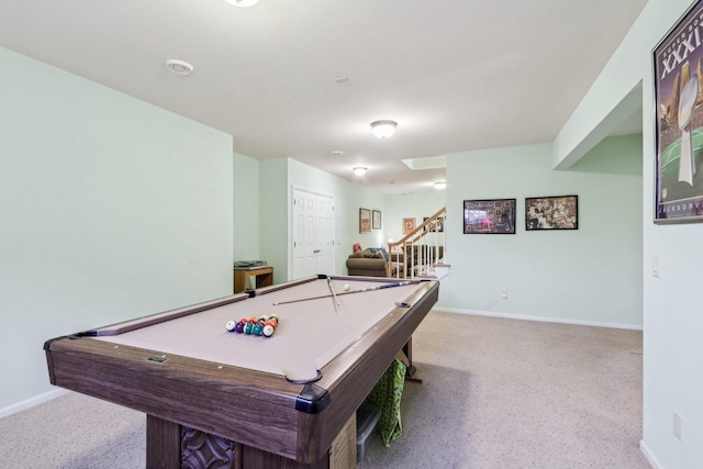 playroom with billiards and light carpet