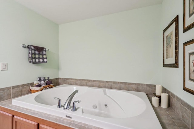 bathroom with a relaxing tiled tub