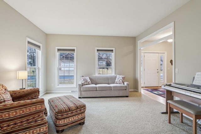 living room featuring light colored carpet