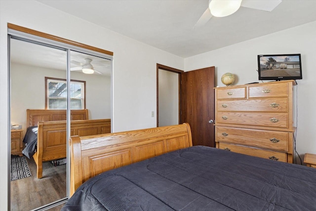 bedroom featuring hardwood / wood-style flooring, ceiling fan, and a closet