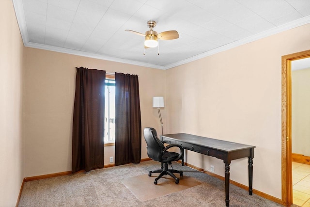 office area with ceiling fan, ornamental molding, and light colored carpet