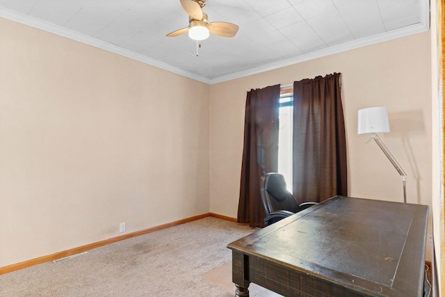 unfurnished office with light carpet, crown molding, and ceiling fan