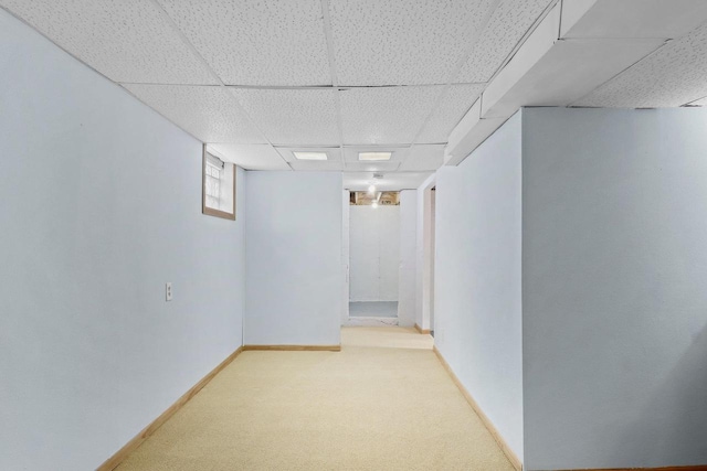 basement featuring light colored carpet and a drop ceiling