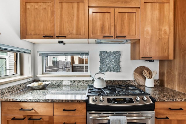 kitchen with stainless steel range with gas cooktop and dark stone counters