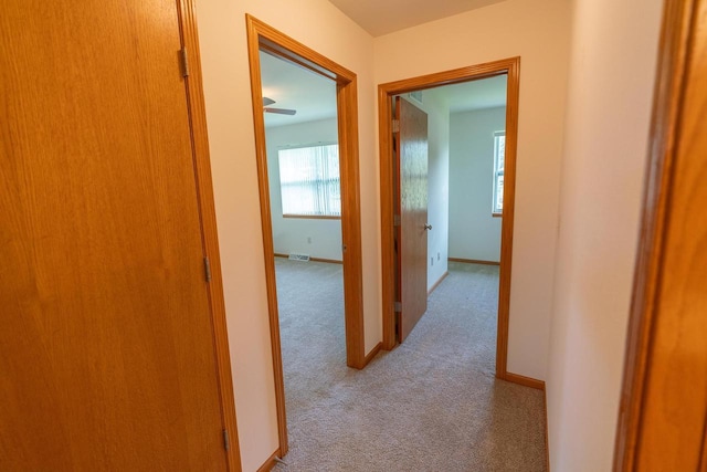 hallway with light colored carpet