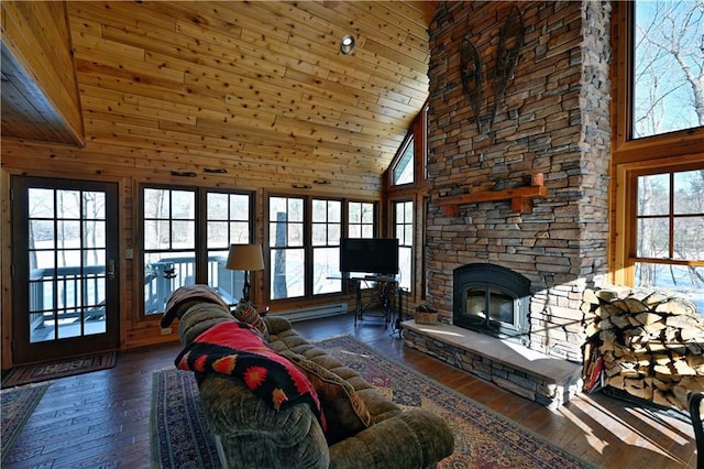 living room featuring high vaulted ceiling, dark hardwood / wood-style floors, a fireplace, wooden ceiling, and wood walls