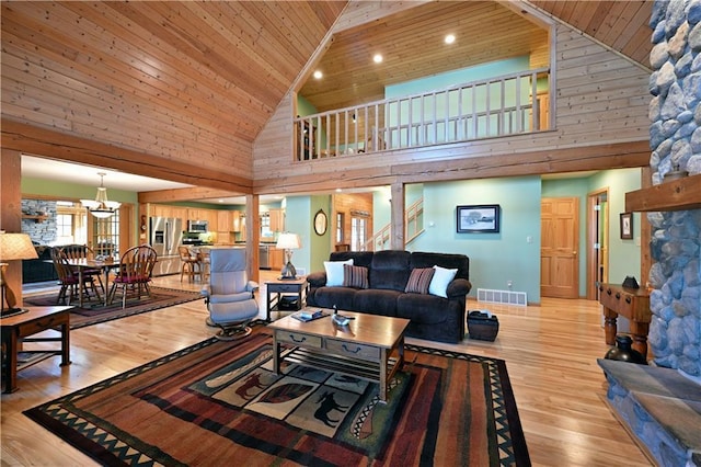 living room with high vaulted ceiling, wood ceiling, and light hardwood / wood-style flooring