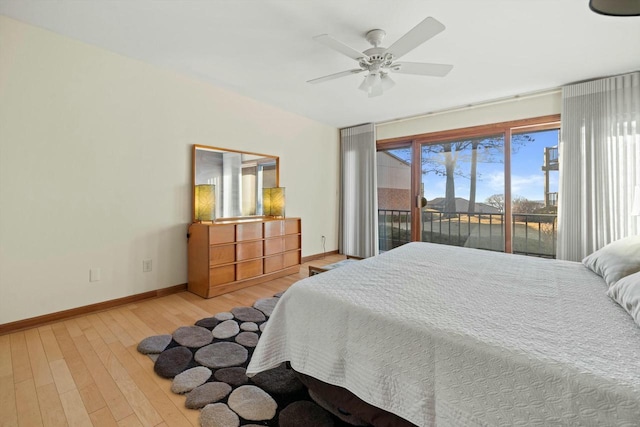 bedroom with ceiling fan, access to exterior, and light hardwood / wood-style floors