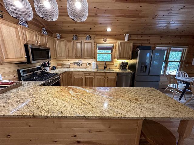 kitchen featuring lofted ceiling, sink, light stone counters, appliances with stainless steel finishes, and pendant lighting