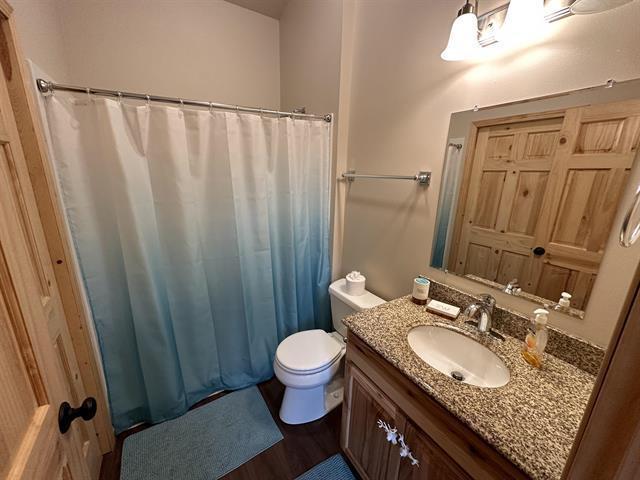 bathroom with vanity, hardwood / wood-style flooring, and toilet