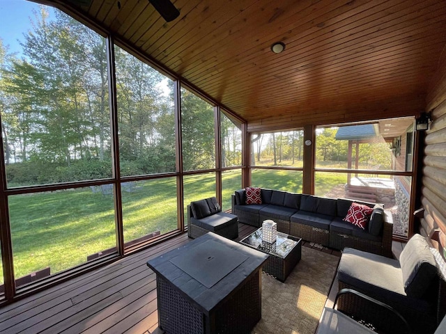 sunroom / solarium featuring wood ceiling