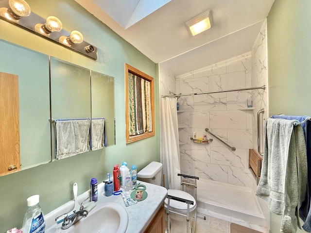 bathroom with walk in shower, lofted ceiling, toilet, and vanity