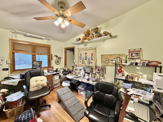 office area with ceiling fan, lofted ceiling, and light wood-type flooring