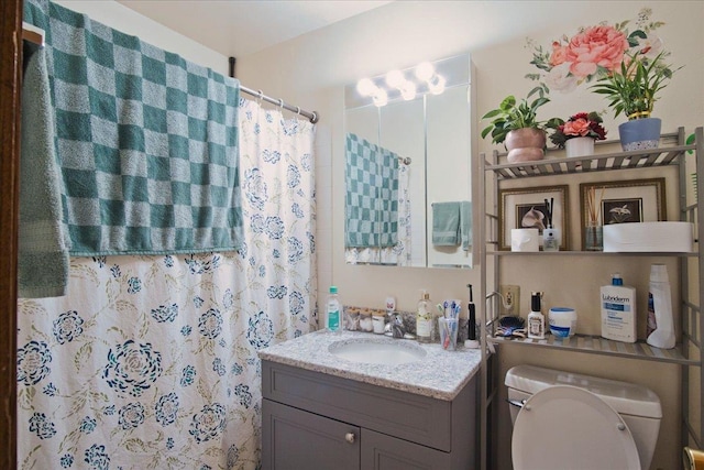 bathroom featuring vanity, walk in shower, and toilet