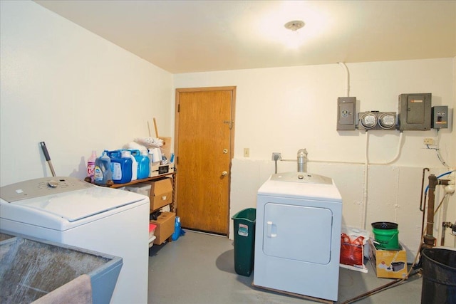 laundry room with sink, electric panel, and independent washer and dryer