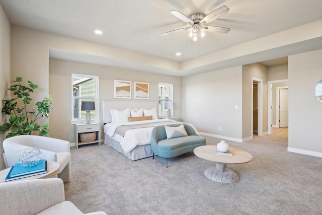 carpeted bedroom with recessed lighting, baseboards, and a ceiling fan