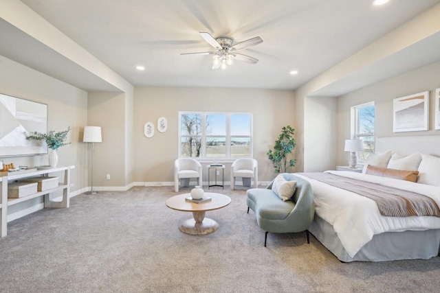 bedroom with recessed lighting, a ceiling fan, baseboards, and carpet floors