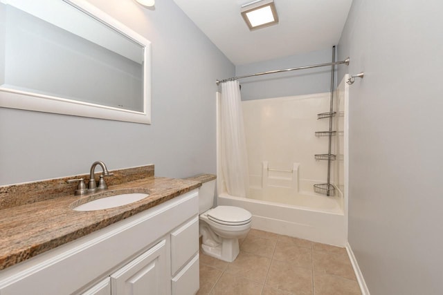 full bathroom with tile patterned flooring, vanity, shower / tub combo with curtain, and toilet