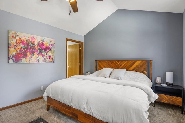 bedroom featuring ceiling fan, vaulted ceiling, and carpet