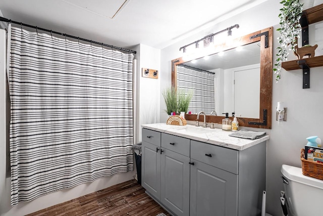 bathroom with hardwood / wood-style flooring, vanity, and toilet