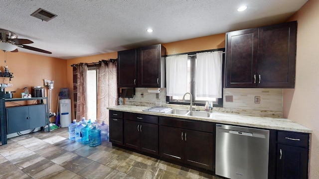 2930 Youngdale Ave, La Crosse, WI 54603 - kitchen with dishwasher, sink, decorative backsplash, ceiling fan, and dark brown cabinets