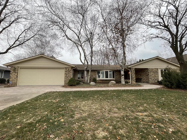 ranch-style house with a garage and a front lawn