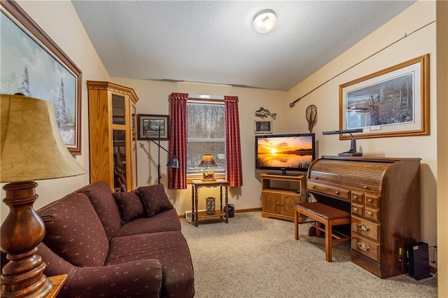 living area with light carpet and a textured ceiling