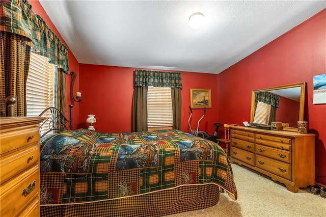 carpeted bedroom featuring lofted ceiling