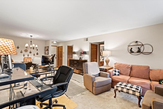 carpeted home office with an inviting chandelier